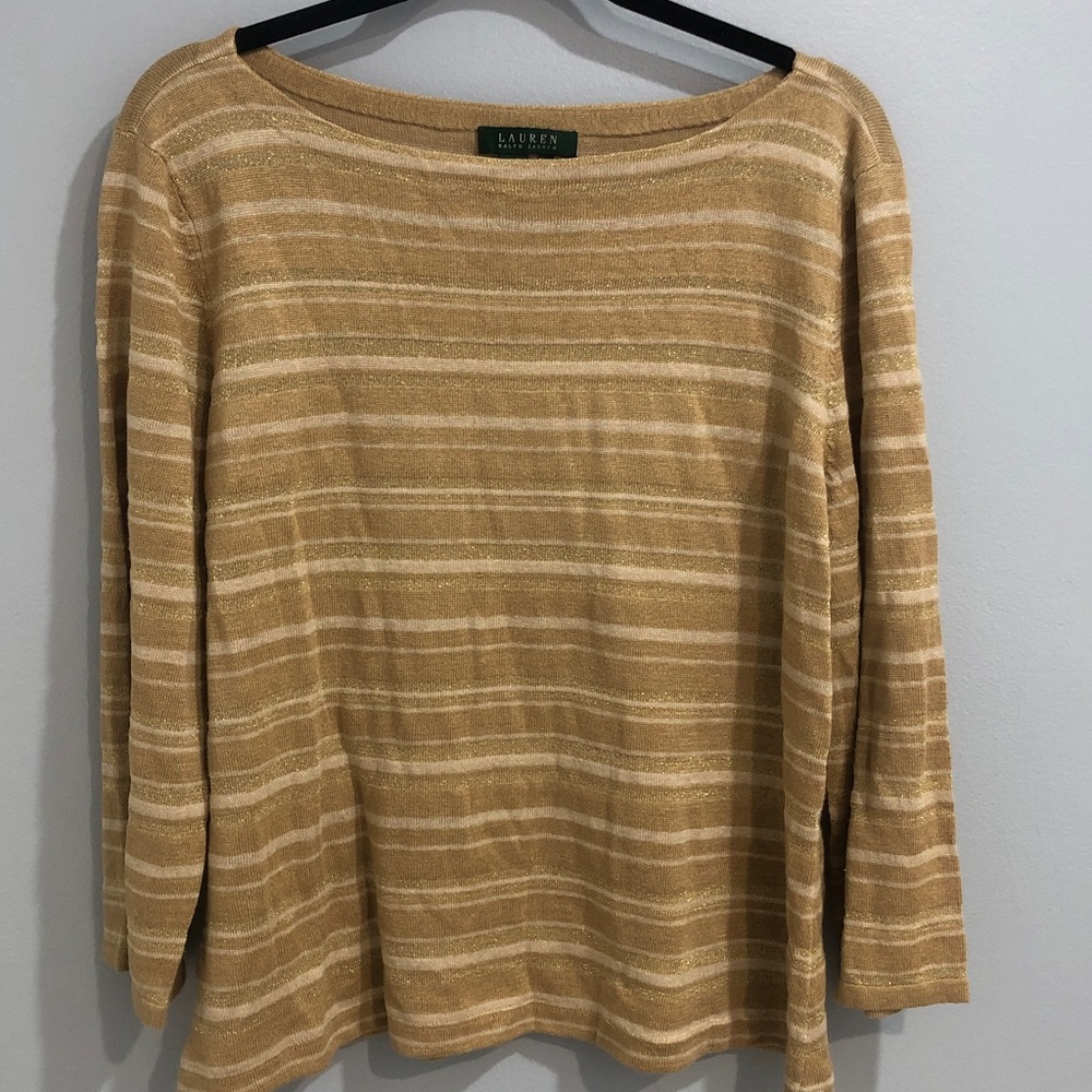 Lauren Ralph Lauren Gold Tan Striped Shimmer Knit Linen Silk Top Blouse Size XL